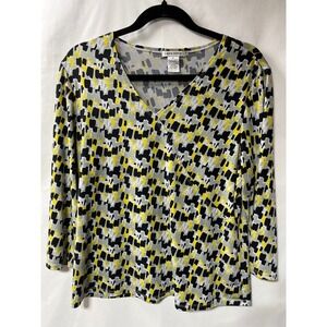 Laura Ashley Womens Medium V-Neck‎ Top Yellow Black Abstract 3/4 Sleeve Blouse